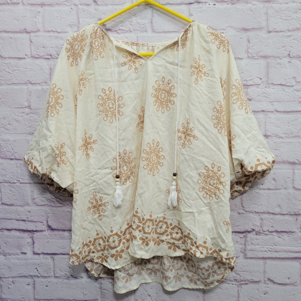 Cream Boho Floral‎ Embroidered Peasant Blouse 2X Tassel Tie Cottagecore Ethnic